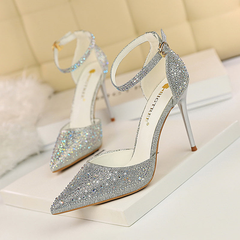 Rhinestone Embellished Pointy Toe Ankle Strap Buckle Stiletto Heels