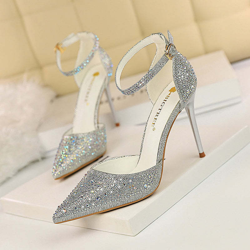Rhinestone Embellished Pointy Toe Ankle Strap Buckle Stiletto Heels