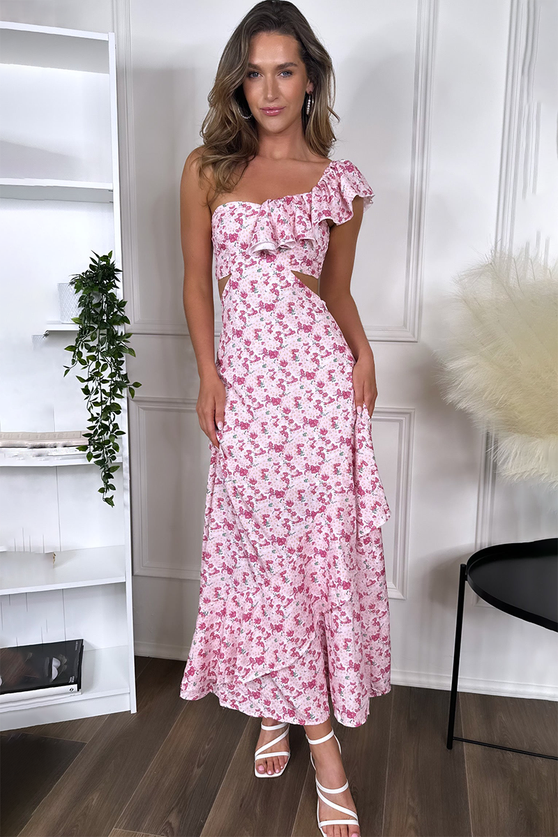 Floral Print Frilled One Shoulder Waist Cutout Midi Dresses-Pink