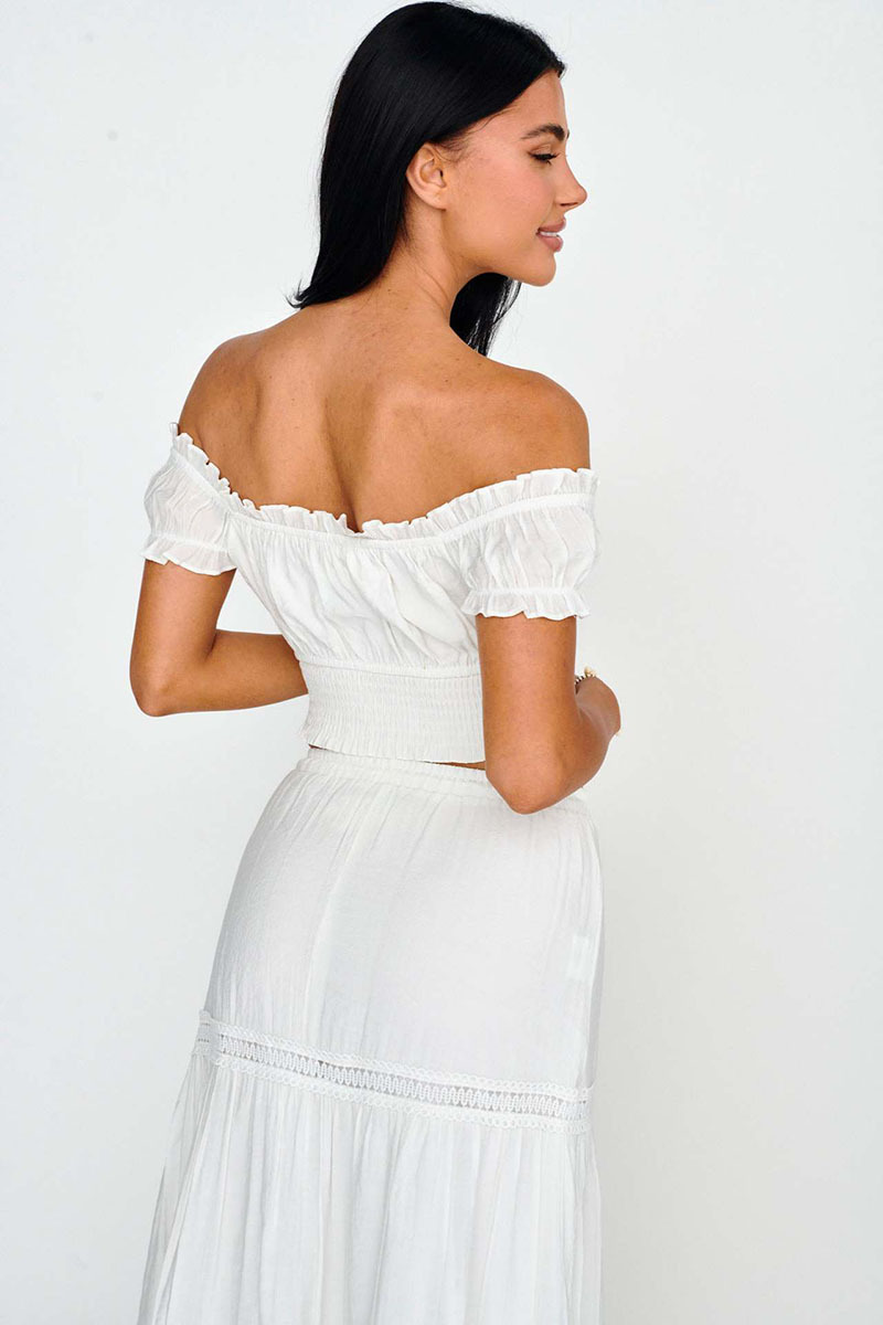 Off Shoulder Short Sleeve Ruched Top Quilted Maxi Skirt Matching Set-White