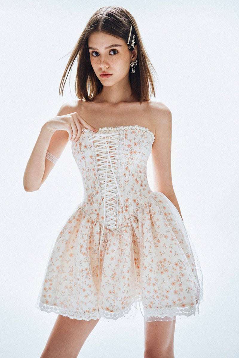 Lace Up Ruffle Mesh Patchwork Floral Print Mini Dresses-Beige Pre Order