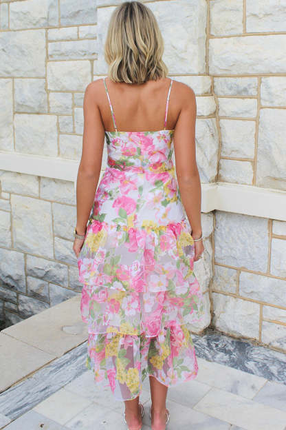 Spaghetti Strap Floral Print Tied Up Tiered Maxi Dresses-Pink