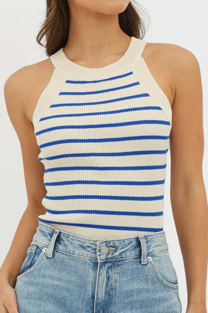 Casual Striped Print Slim Fit Ribbed Knit Tank Top-Blue
