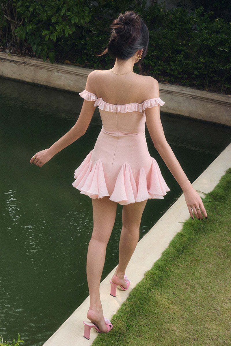 Off Shoulder Ruffle Bow Bodycon Party Godets Mini Dresses-Pink Pre Order
