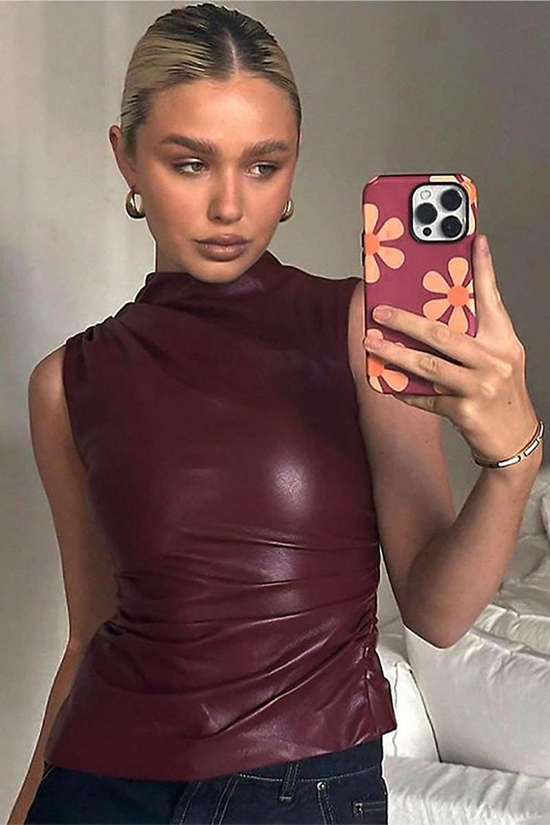 PU Leather Stand Collar Ruched Solid Color Asymmetric Tank Top-Burgundy