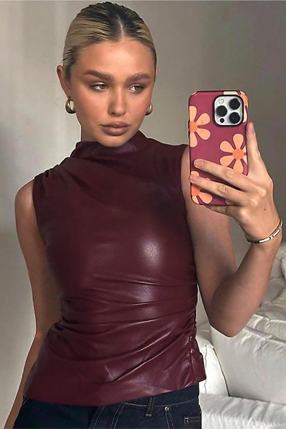 PU Leather Stand Collar Ruched Solid Color Asymmetric Tank Top-Burgundy