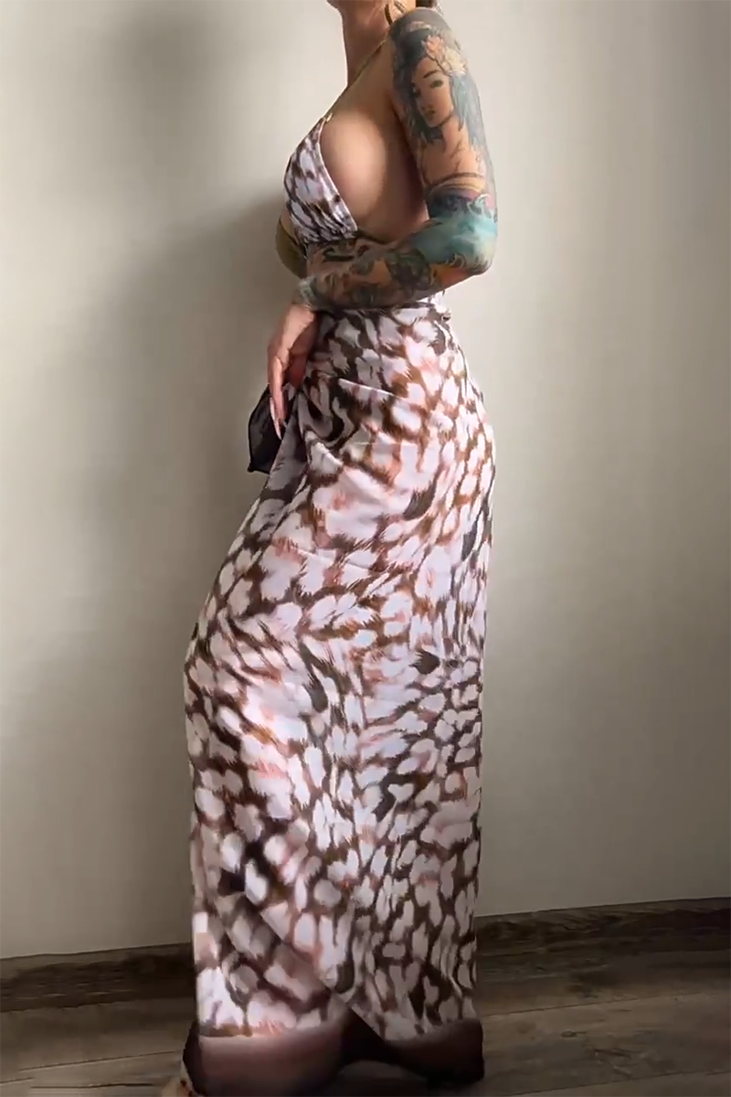 Animal Print Halter Tie Up Maxi Skirt Bikini Three-Piece Set-Green