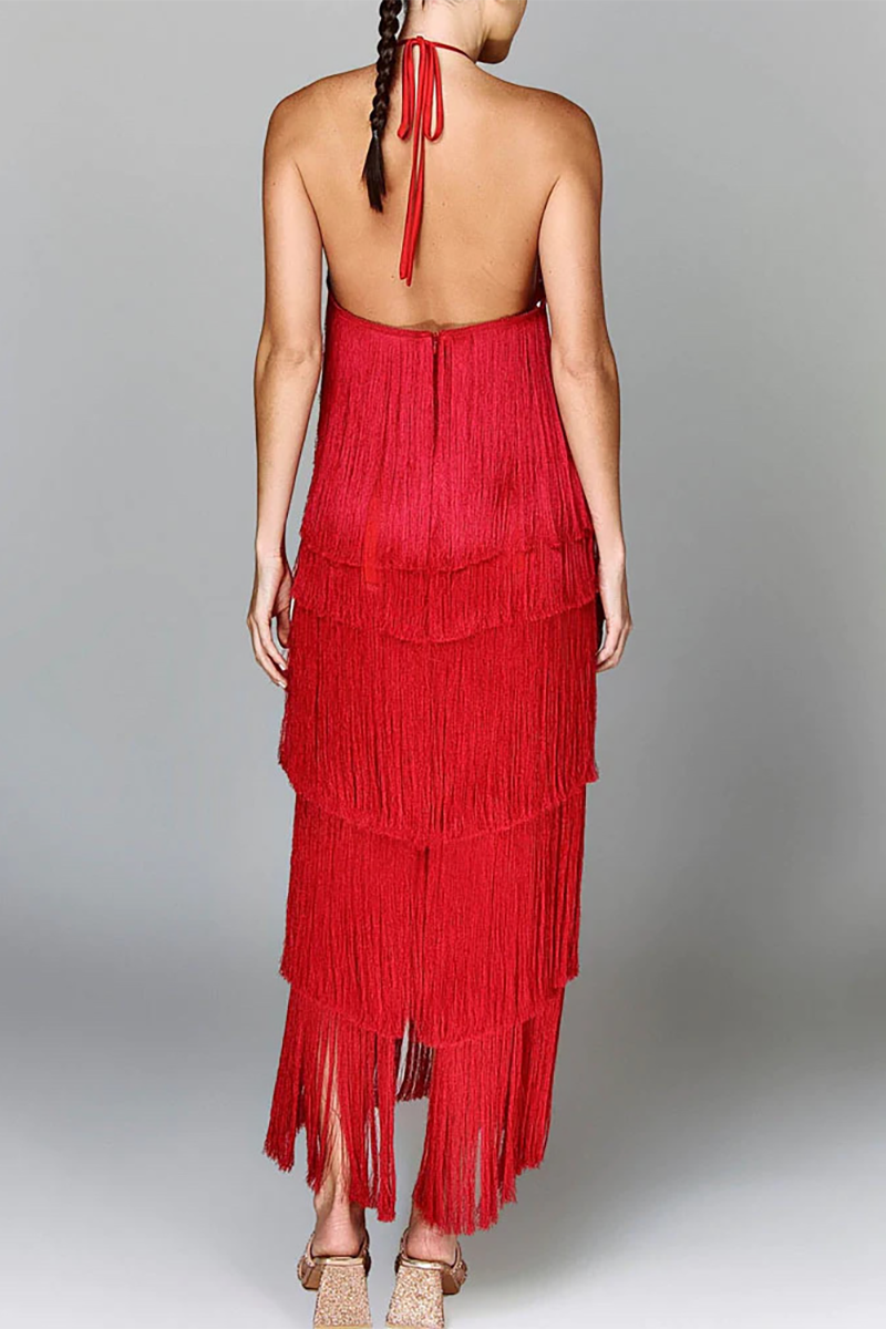 Tiered Fringed Sleeveless Halter Open Back Prom Party Maxi Dresses-Brown