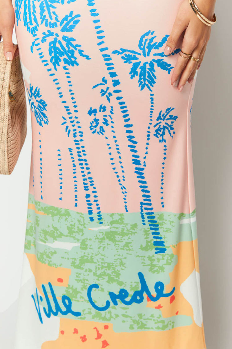 Palm Print Strapless Bodycon Vacation Maxi Dresses-Pink