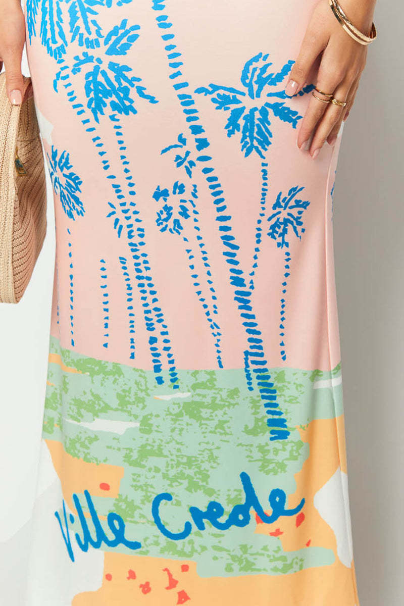 Palm Print Strapless Bodycon Vacation Maxi Dresses-Pink