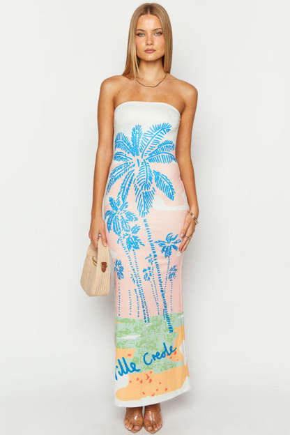 Palm Print Strapless Bodycon Vacation Maxi Dresses-Pink