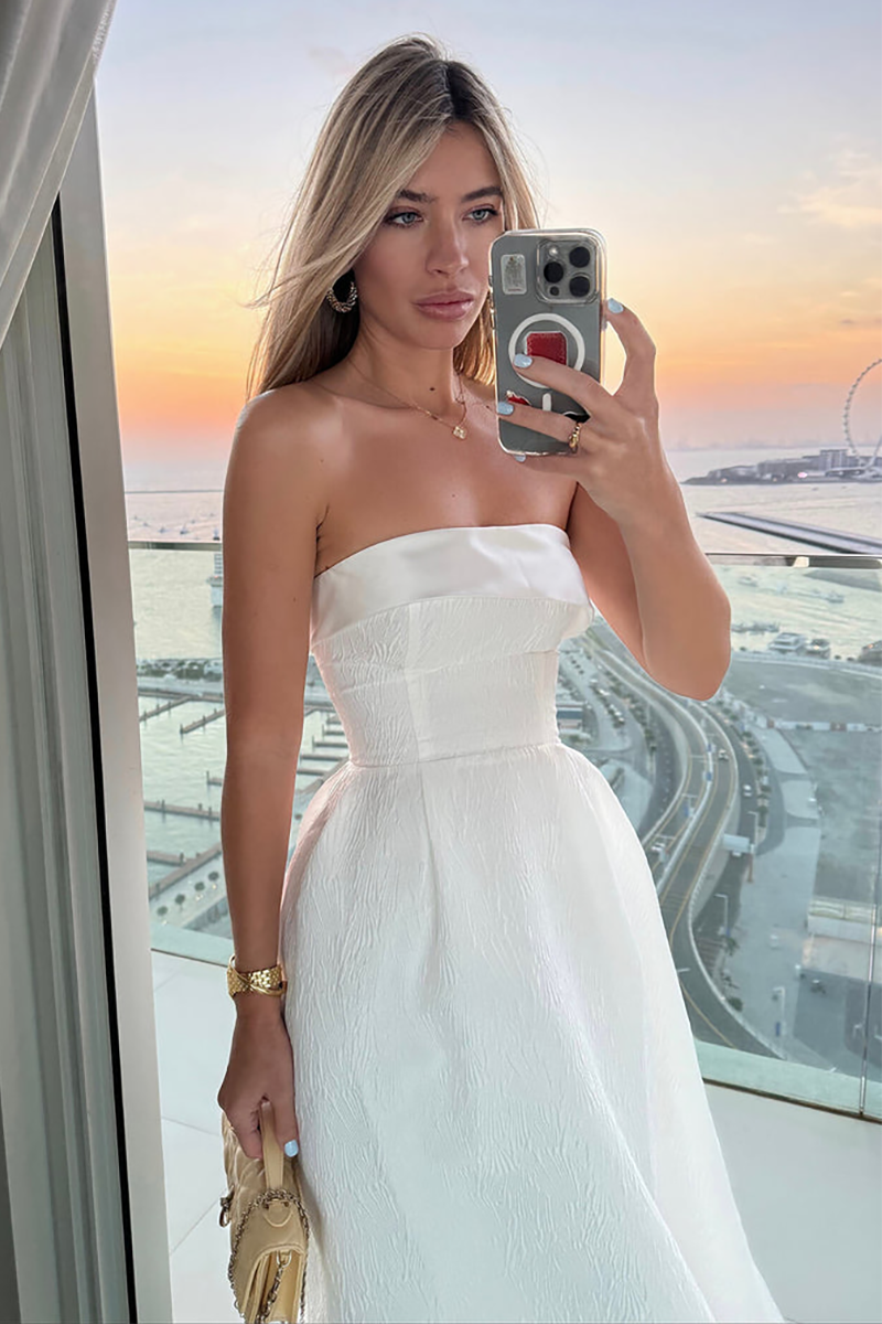 Strapless Cinch Waist Textured Elegant Gowns Maxi Dresses-White Pre Order