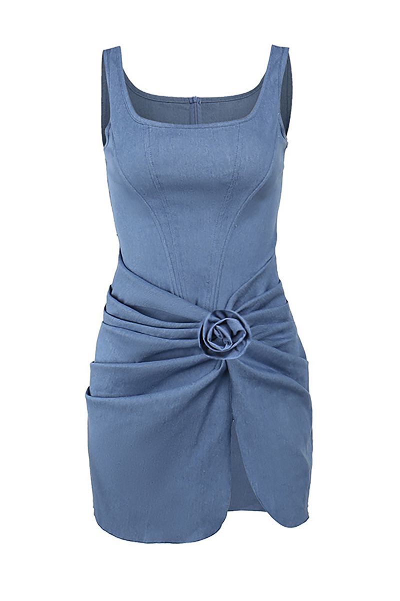 Wide Straps Corset Bodycon Ruched 3D Flower Decor Denim Mini Dresses-Blue