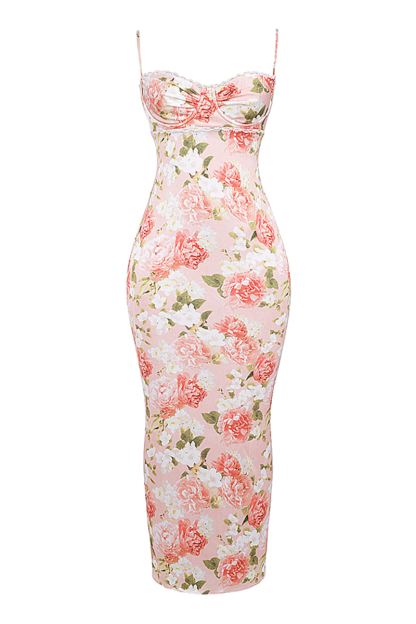 Floral Print Lace Trim Spaghetti Strap Back Slit Hem Slim Fit Maxi Dresses-Pink
