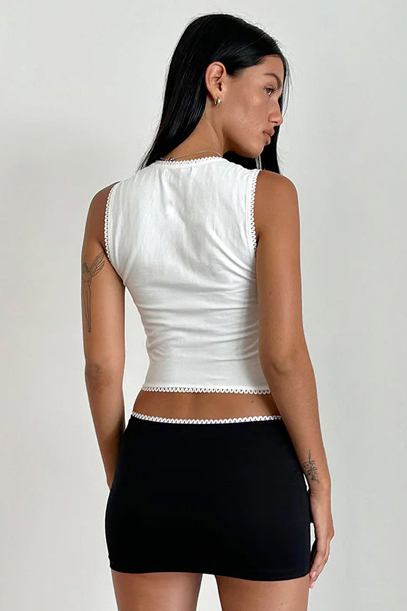 Square Neck Ribbon Quilted Curved Hem Casual Plain Sleeveless Top-Blue