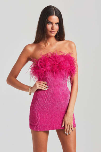 Sequin Strapless Feather Trim Bodycon Mini Party Dresses