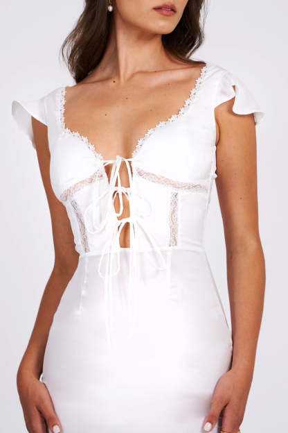 Irregular Neck Lace-Up Lace Trim Fishtail Midi Dresses-White Pre Order