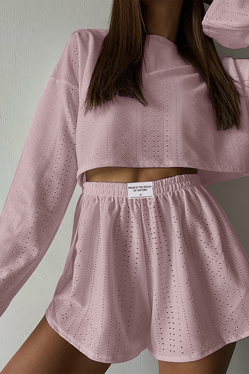 Solid Color Hollow Out Long Sleeve Crop Top Casual Shorts Matching Set-White