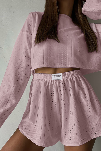 Solid Color Hollow Out Long Sleeve Crop Top Casual Shorts Matching Set-White