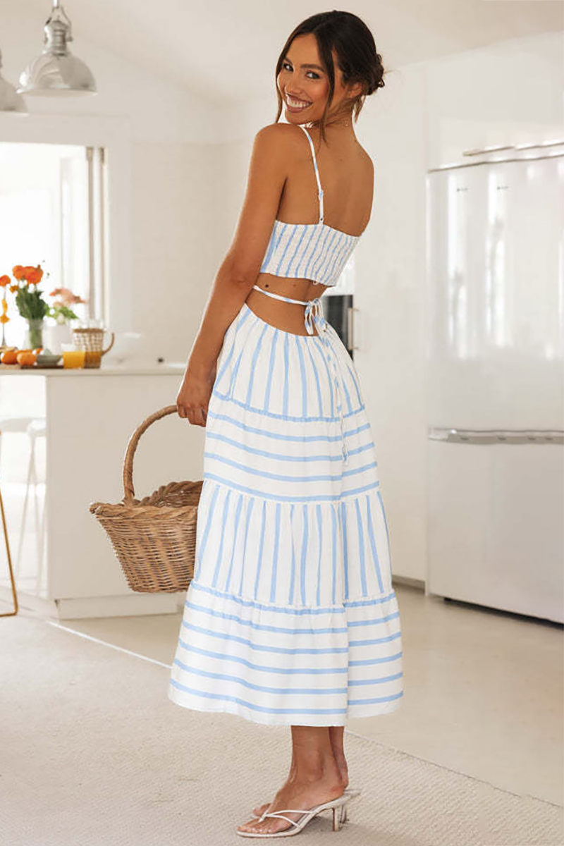 Spaghetti Strap Cutout Striped Vacation Midi Dresses-White