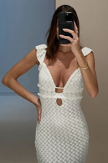 Ruffled Straps Cutout Slim Fit Textured Maxi Dresses-White