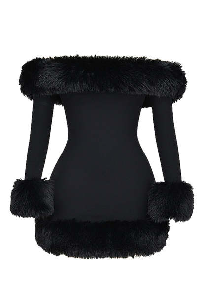 Off Shoulder Long Sleeve Faux Fur Cuff Trim Cocktail Party Bodycon Mini Dresses-Black