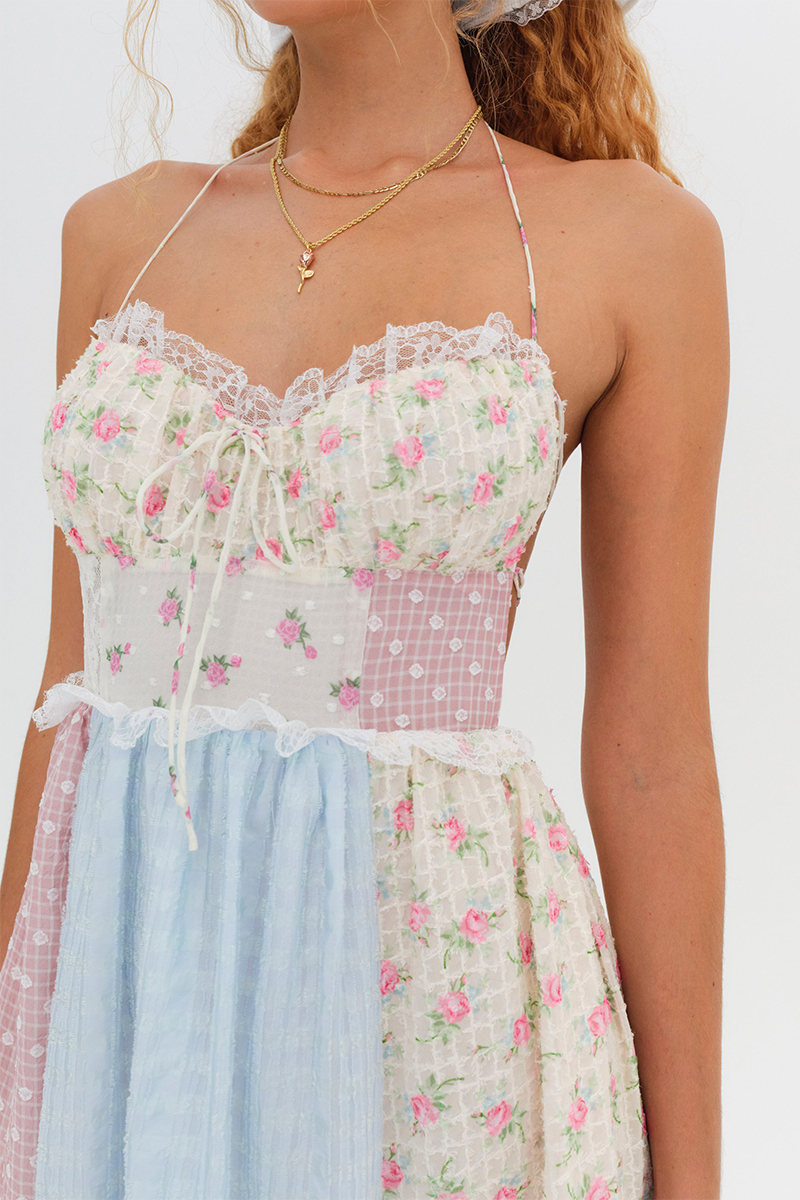 Mixed Prints Patchworks Halter Open Back Maxi Dresses-Pink Pre Order