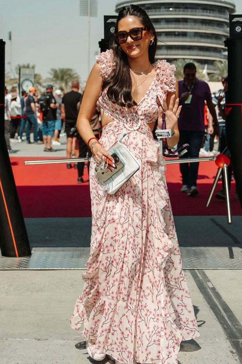 Deep V Neck Slim Ruffled Shoulder Backless Tied Up Cutout Floral Print Vacation Maxi Dresses