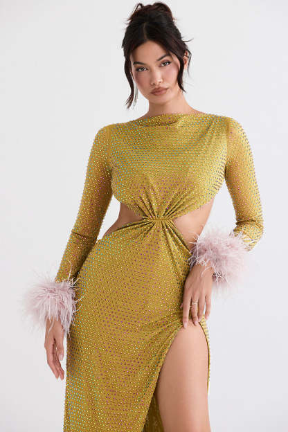 Sequins Backless Cutout Feather Cuff Slit Party Maxi Dresses