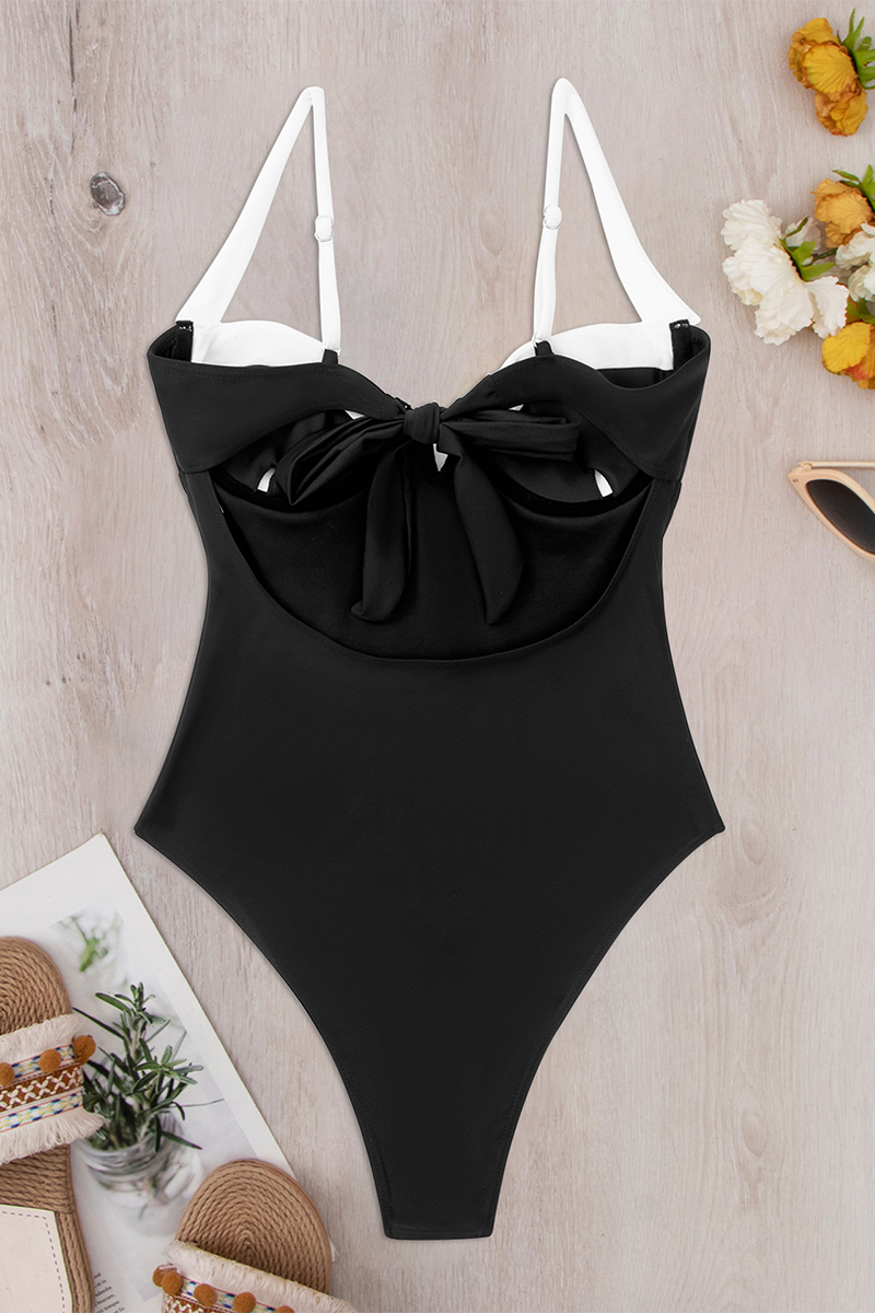 Colorblock Sleeveless Back Bow One-Piece Swimsuit-Black