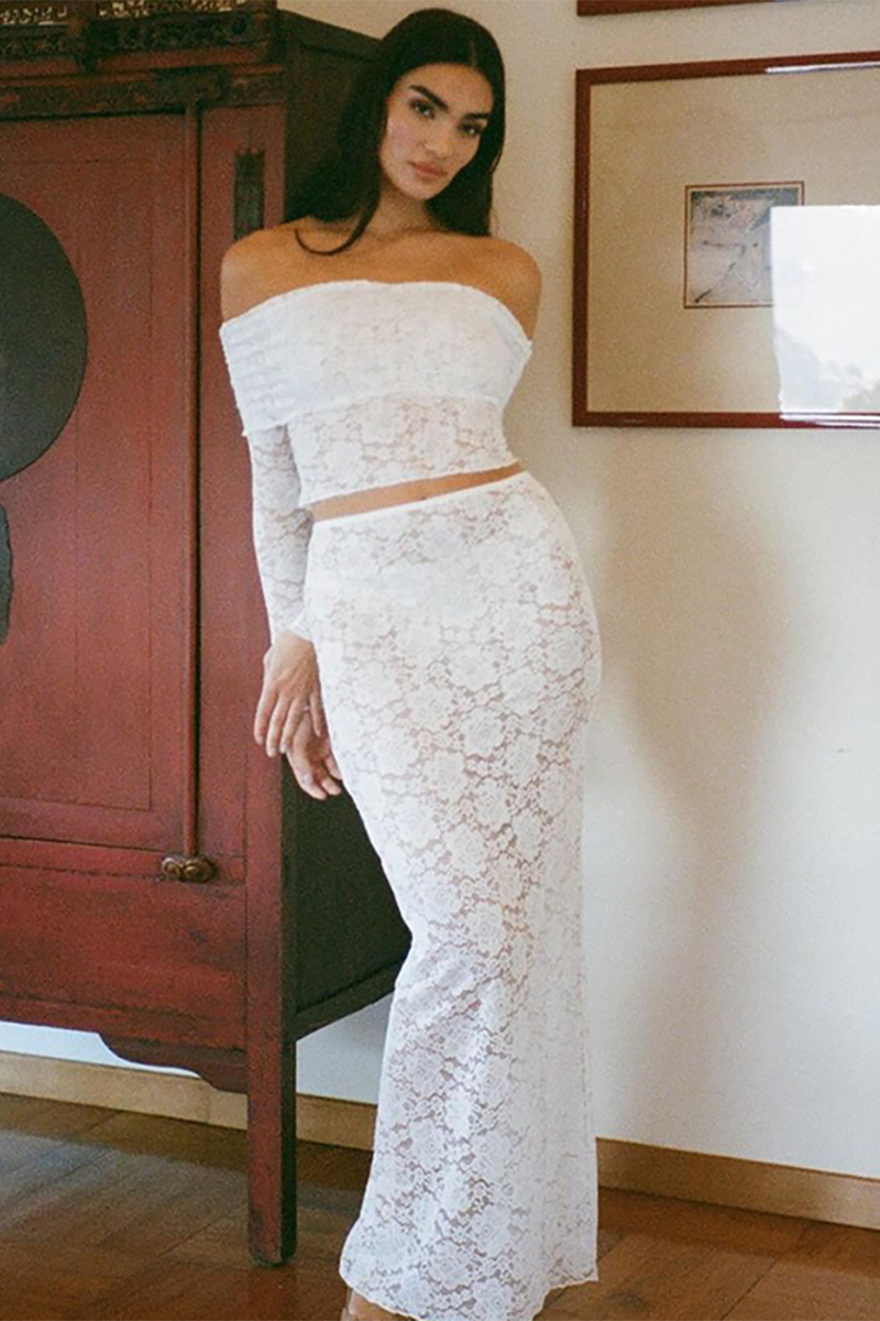 Floral Lace Off Shoulder Long Sleeve Crop Top Maxi Skirt Matching Set-White