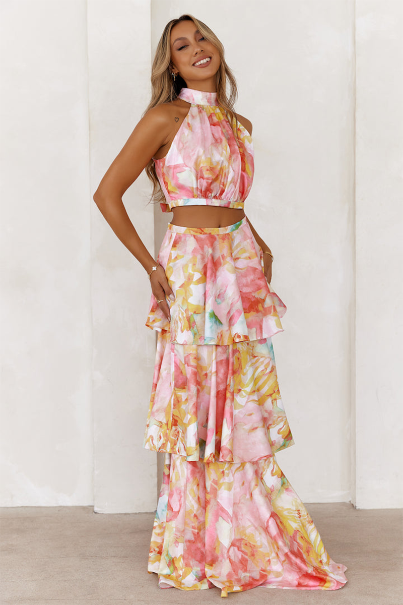 Multicolor Pattern Crop Top Tiered Maxi Skirt Matching Set-Pink