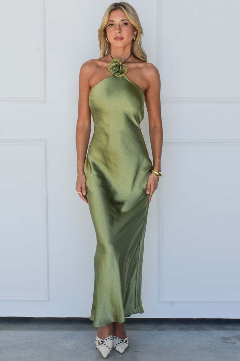 Halter Rosette Decor Open Back Slim Fit Satin Maxi Dresses-Green