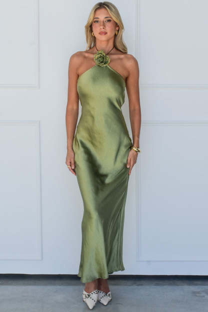 Halter Rosette Decor Open Back Slim Fit Satin Maxi Dresses-Green