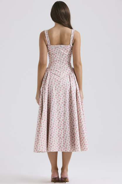 Wide Strap Square Neck Cinch Waist Ditsy Floral Print Midi Dresses-Pink