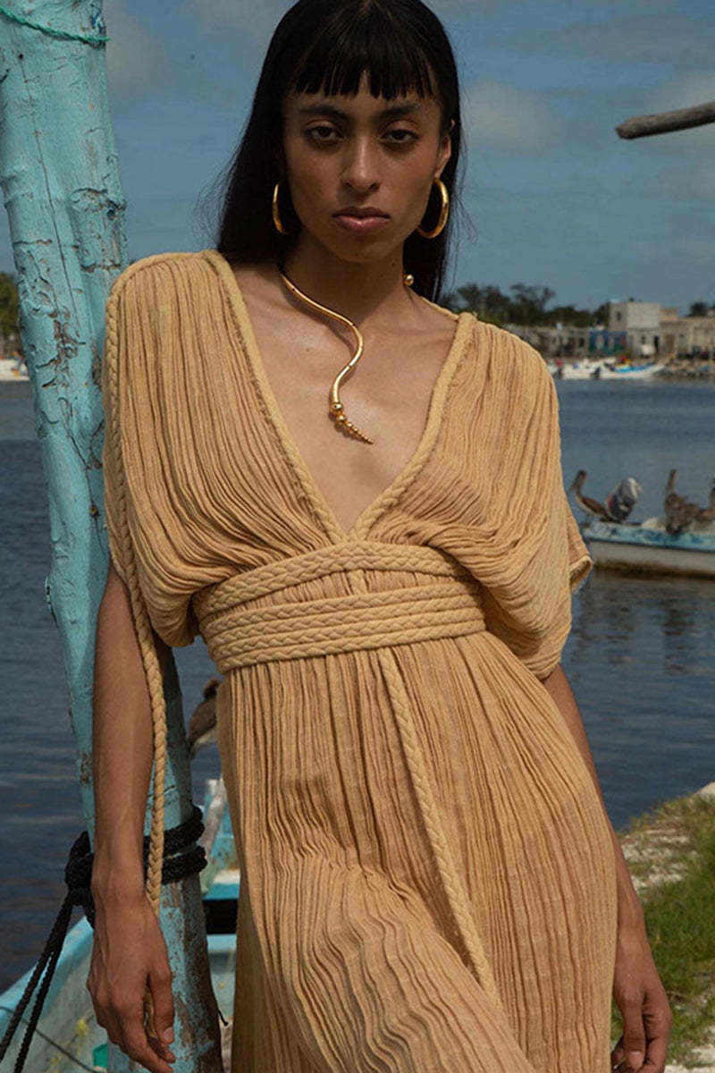 Pleated V Neck Backless Draped Braids Cover Up Slit Maxi Dresses-Green