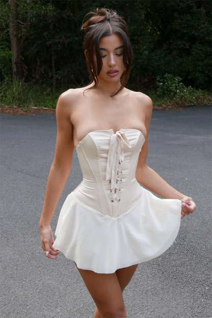 Strapless Lace Up Corset Ruffle Mini Dresses