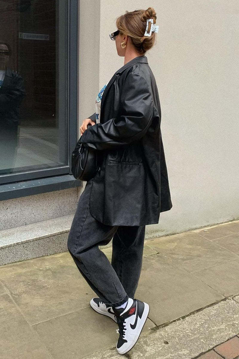 Faux Leather Casual Long Sleeve Blazer Coat