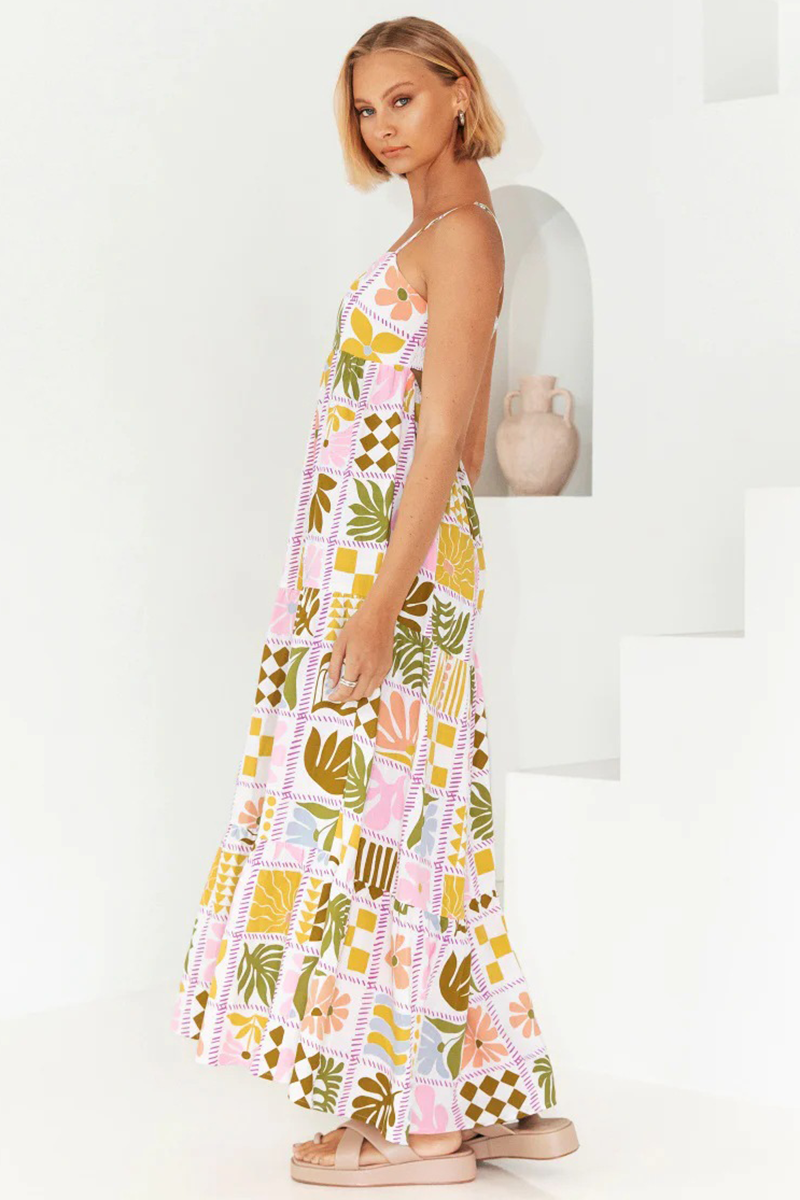 Floral Print Boat Neck Spaghetti Strap A-Line Backless Vacation Maxi Dresses-Pink