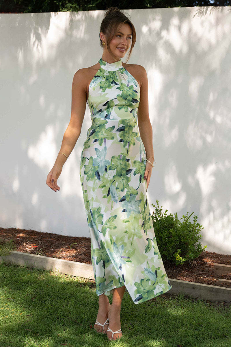 Floral Print Halter Backless Flowy Vacation Maxi Dresses