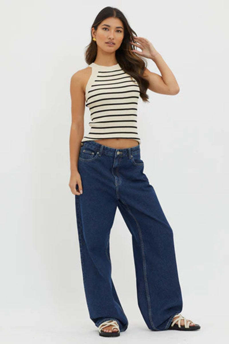 Casual Striped Print Slim Fit Ribbed Knit Tank Top-Blue