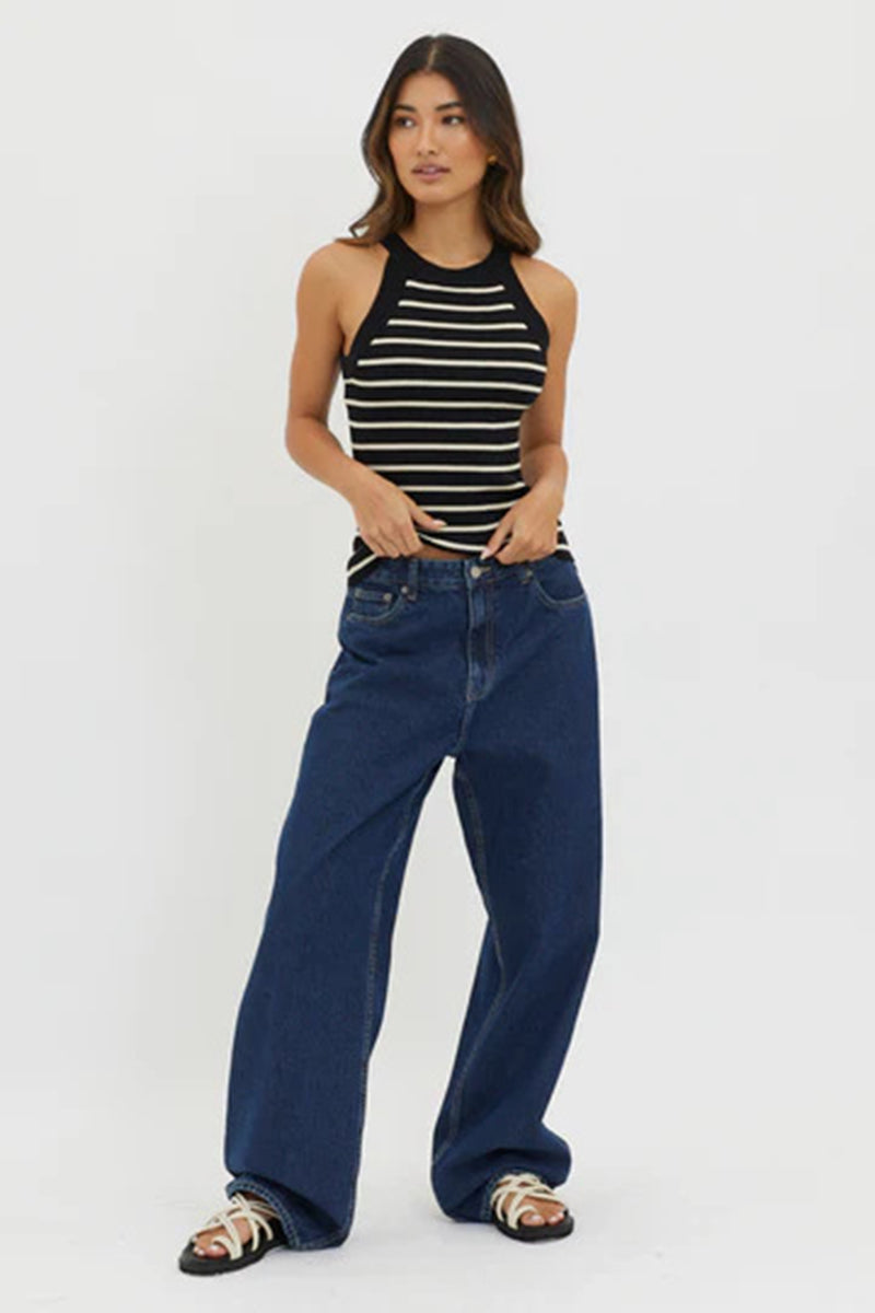 Casual Striped Print Slim Fit Ribbed Knit Tank Top-Blue