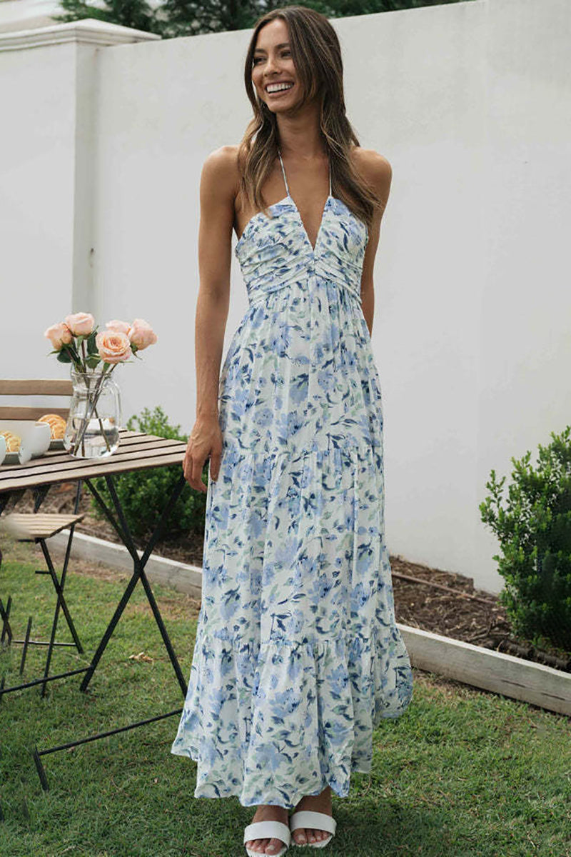 V Neck Halter Floral Print Ruffle Hem Vacation Maxi Dress