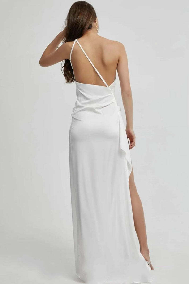 One Shoulder Backless Asymmetric Slit Prom Maxi Dresses