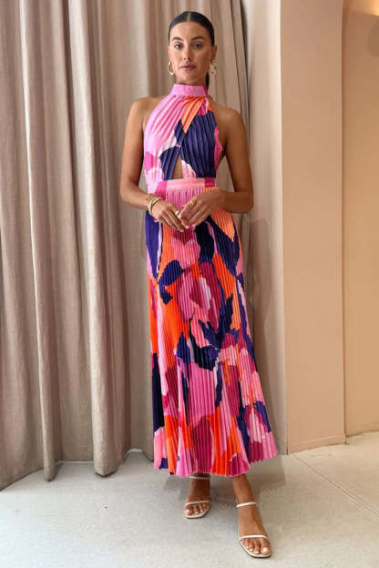 Halter Backless Floral Print Pleated Sleeveless Maxi Dresses
