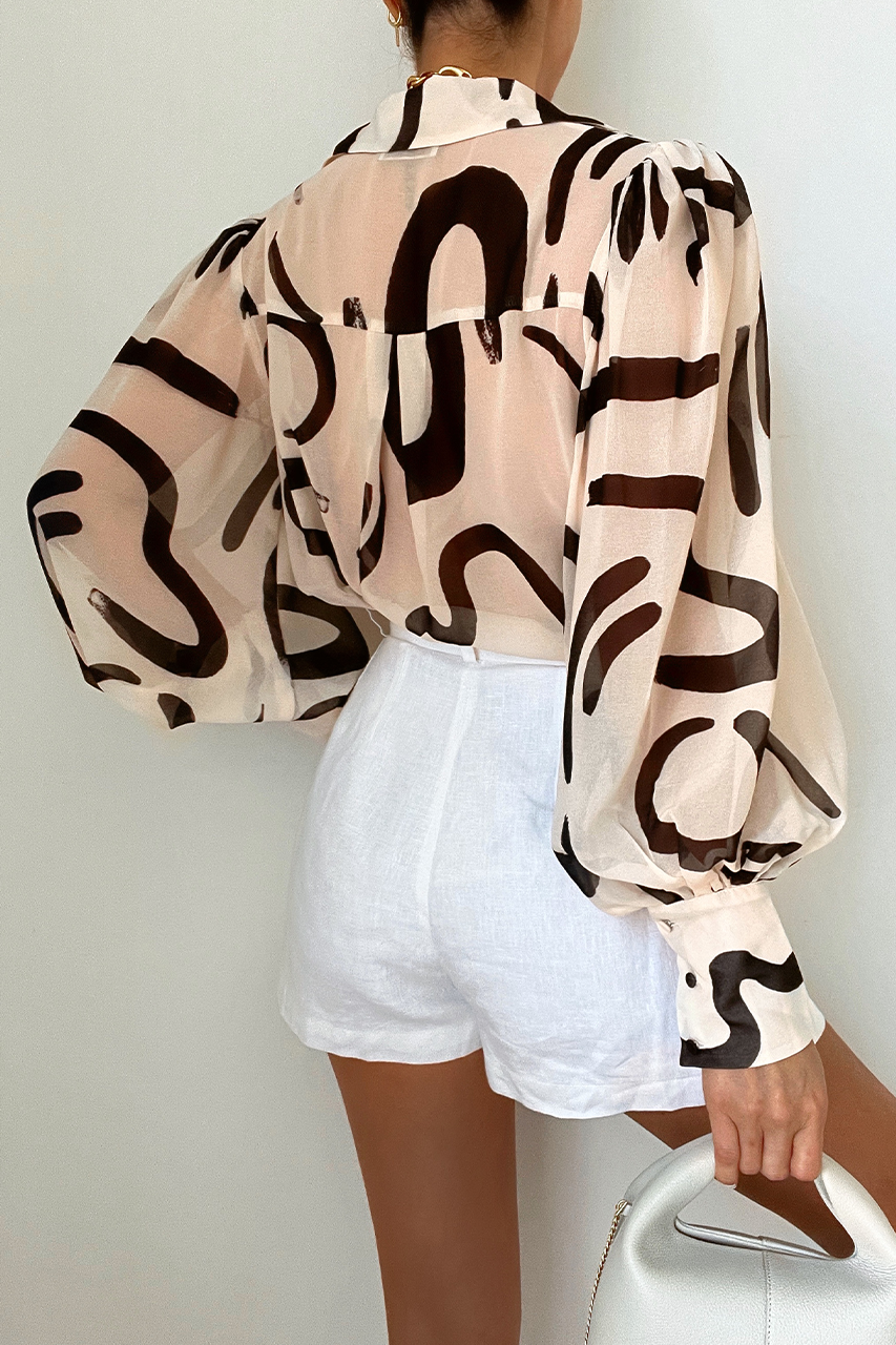 Print Sheer Puff Sleeves Blouse