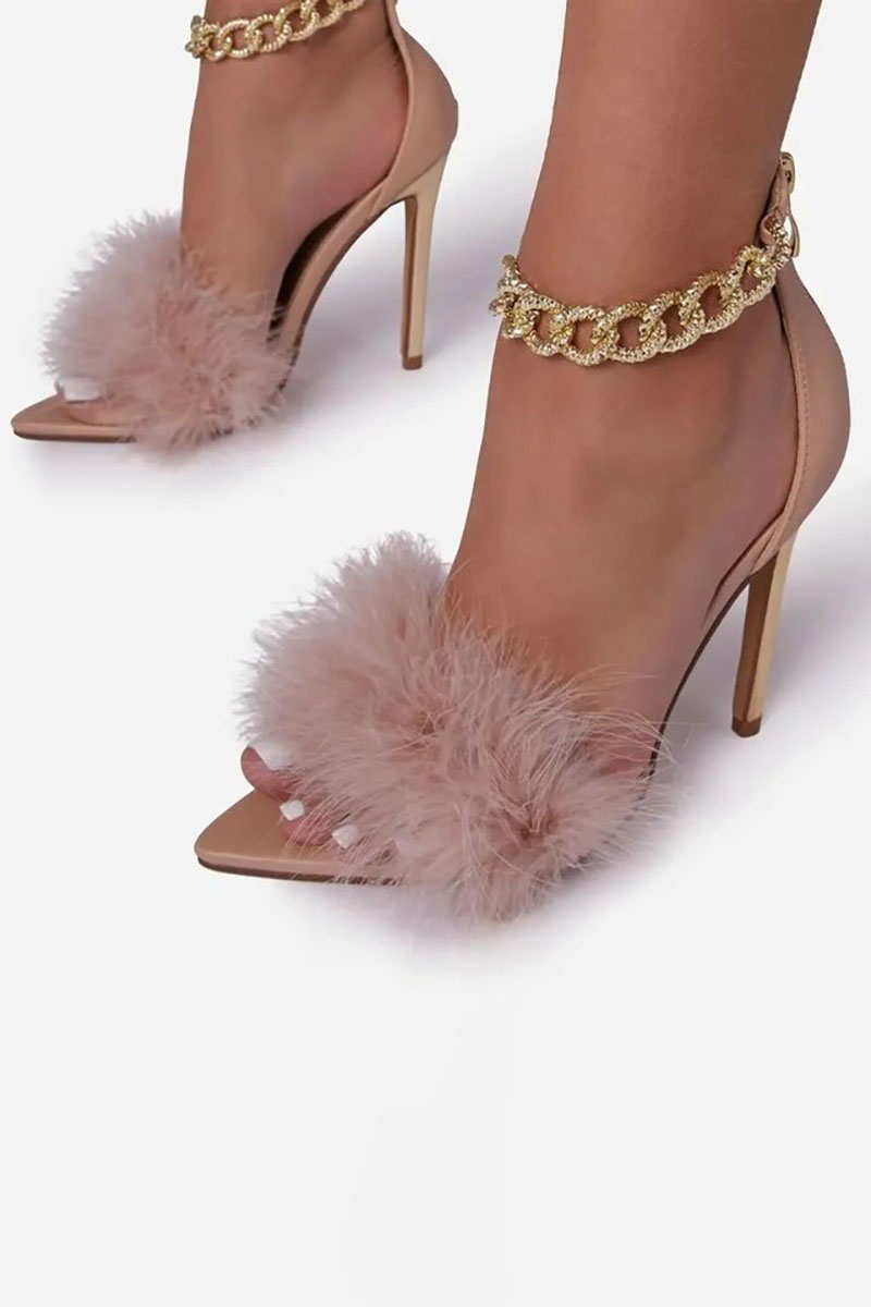 Feather Patchwork Peep-Toe Chain Stiletto Heels-White