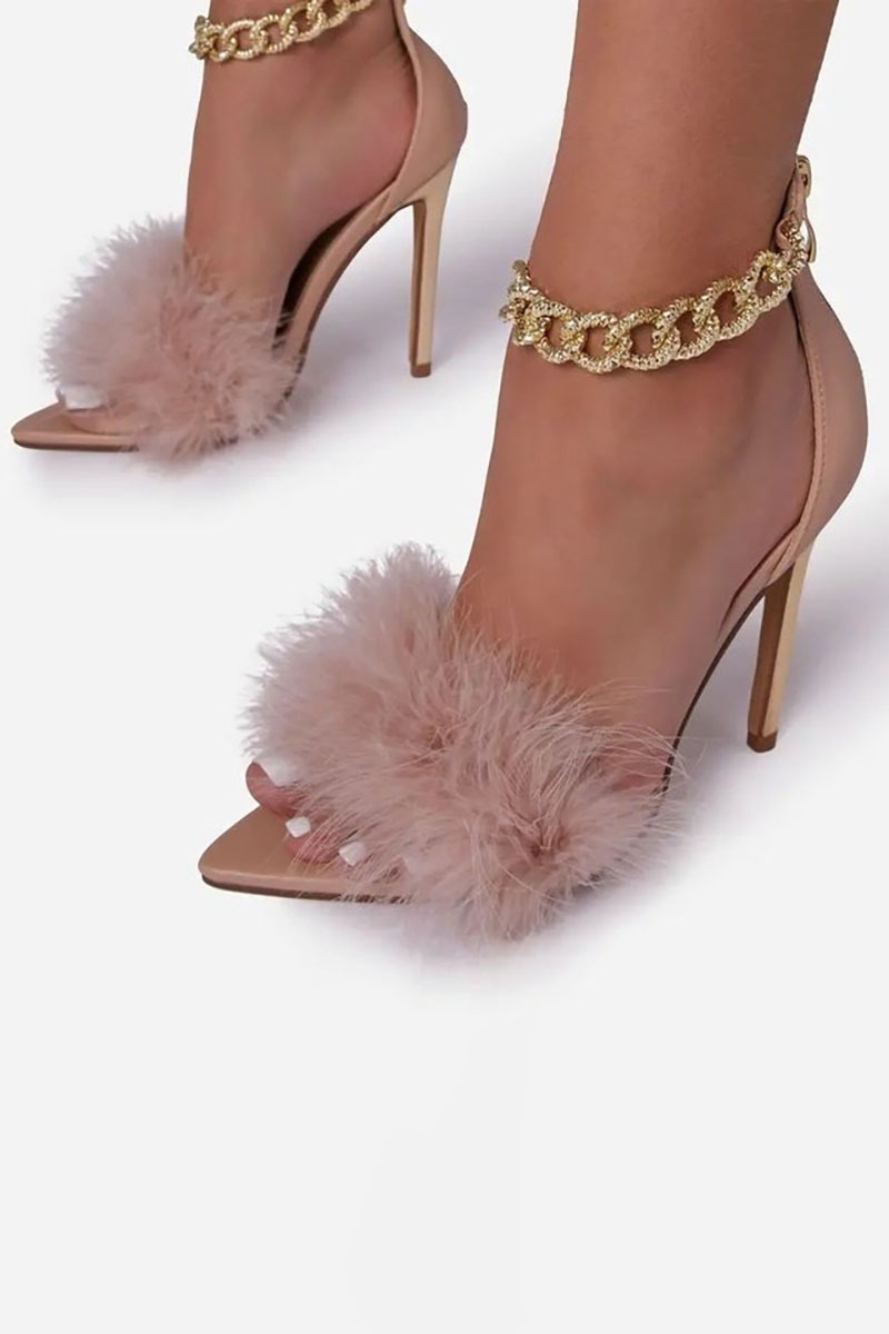 Feather Patchwork Peep-Toe Chain Stiletto Heels-White
