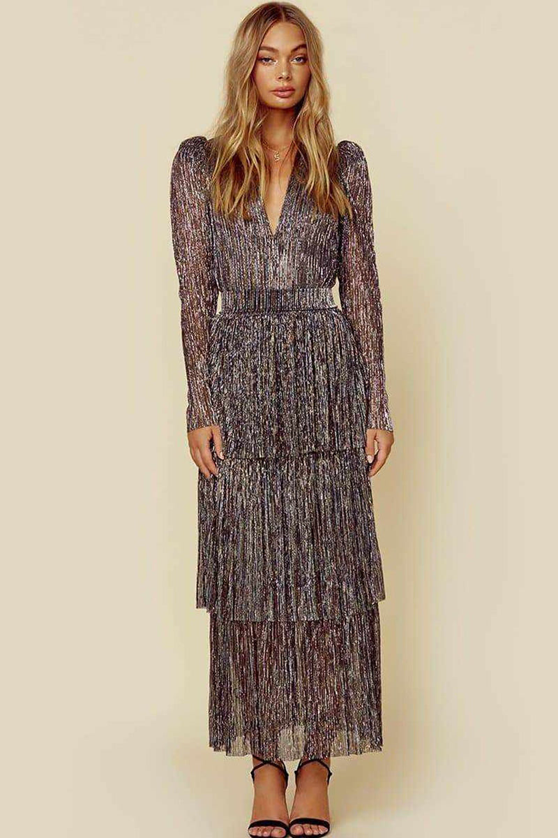 Tiered V Neck Print Long Sleeve Midi Dresses