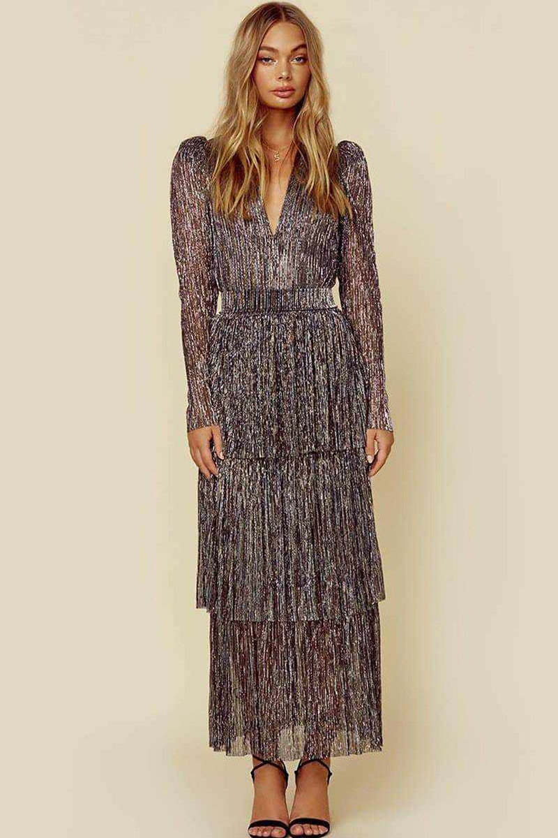 Tiered V Neck Print Long Sleeve Midi Dresses